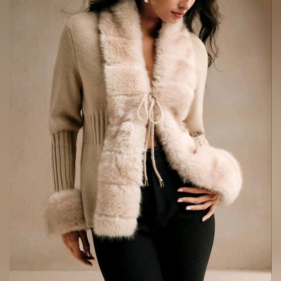 NEW Luxe Faux Fur Trim Tie Front Knit Cardigan Sweater Cream Tan Khaki - Picture 1 of 13